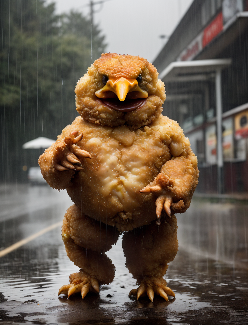 realistic photo of a fried chicken nugget hybrid standing in the rain